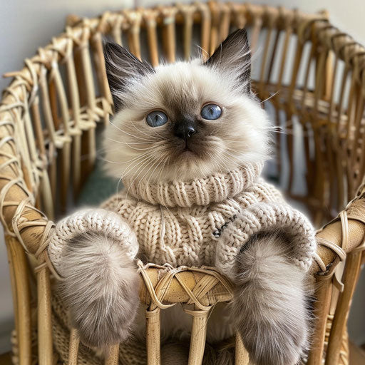 Himalayan kitten in cute sweater, sitting in wicker chair