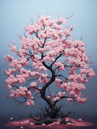 Cherry blossom tree blooming against blue sky, magenta and bronze