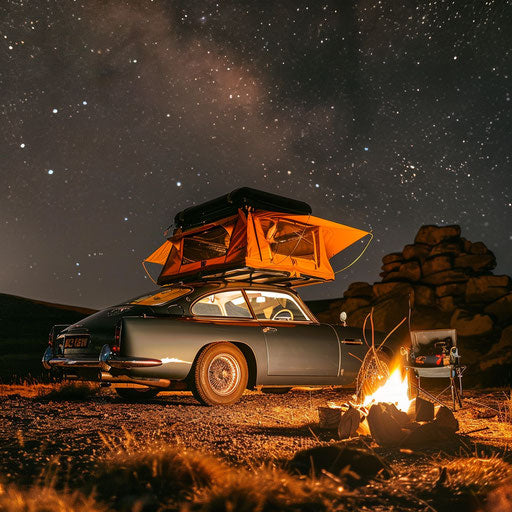 Touring car Aston Martin DB6 with roof-top tent and overland gear, parked near a campfire under the stars