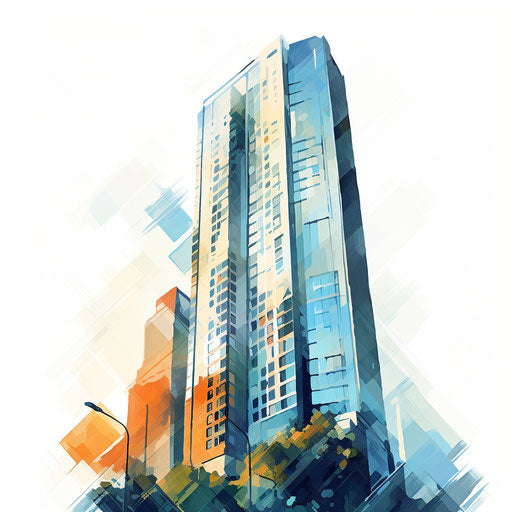 Skyscraper clipart in the style of Impressionistic Art, on white background