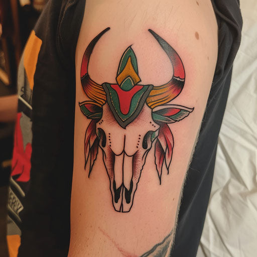 Traditional American bull skull tattoo with bold colors