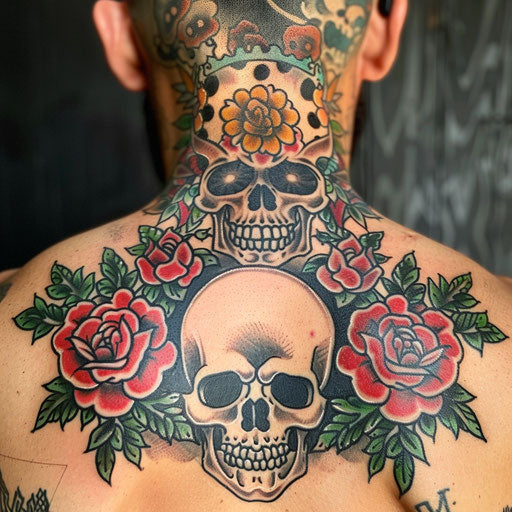 Classic skull and roses tattoo on the back of the neck