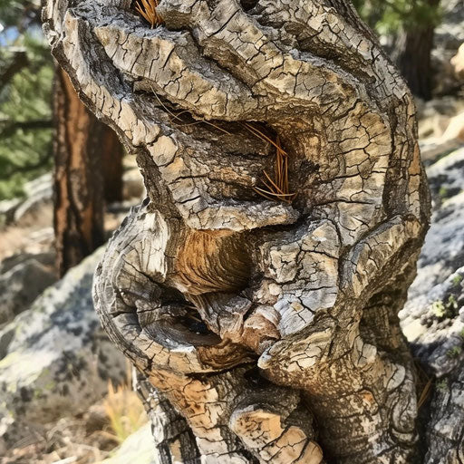 Twisted and gnarled bark of a whitebark pine