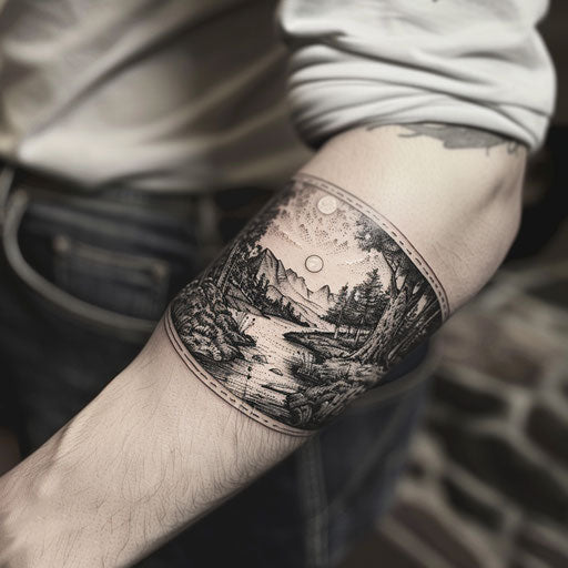 Surreal landscape armband tattoo inspired by David Palumbo