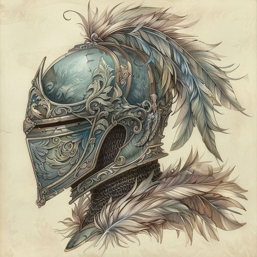 Vintage knight's helmet with intricate feather detailing