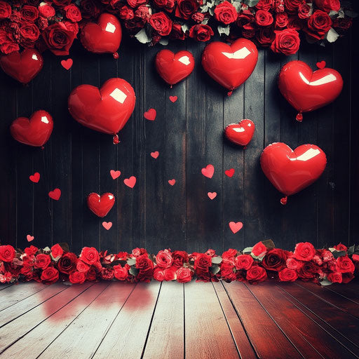 Valentine's Day backdrop with heart-shaped balloons and red roses