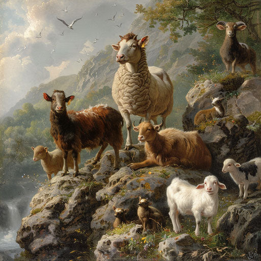 Farm animals on a rocky hillside
