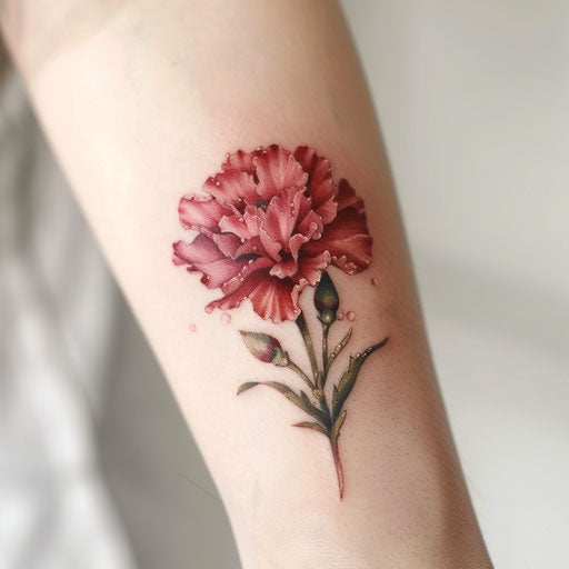 Realistic carnation tattoo with dewdrops on the petals