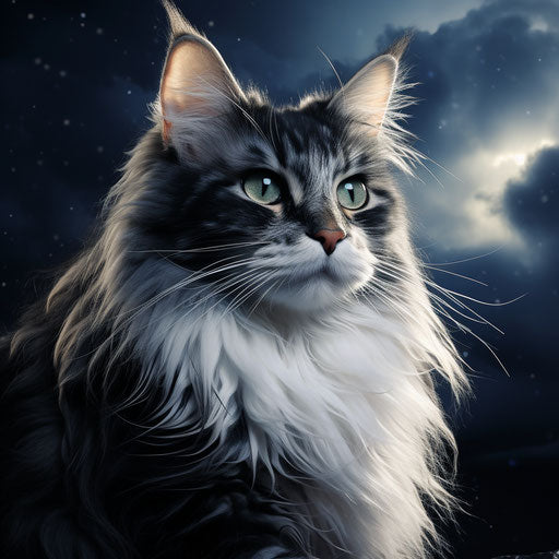 Gray and white cat in dark sky-blue and dark gold style