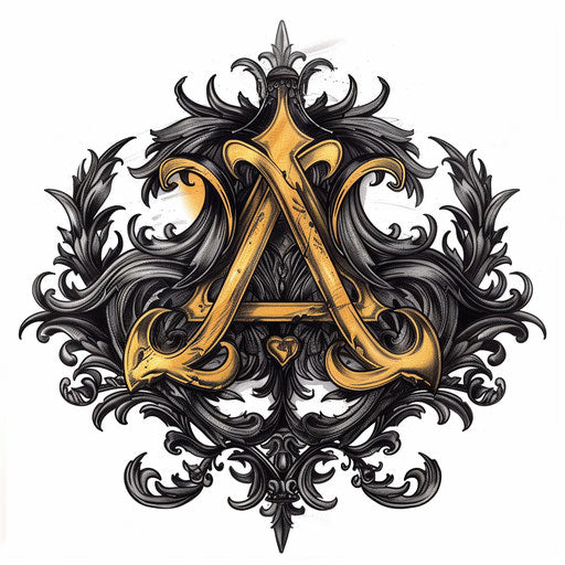 Elegant clipart style tattoo sketch featuring an anarchy symbol with baroque flourishes, black and gold