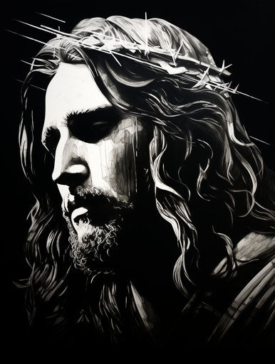 Black and white drawing of Jesus' head in bold traditional style