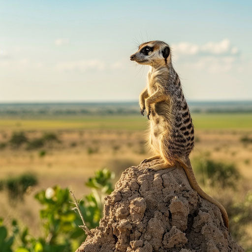 Meerkat standing on termite mound, vast view of savannah
