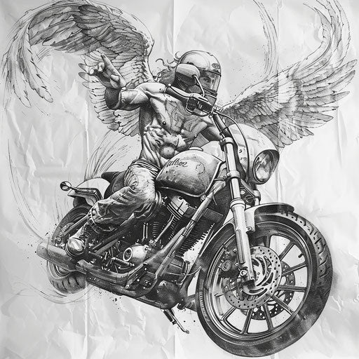 Hyper-realistic tattoo stencil of Archangel Michael with a detailed modern motorcycle
