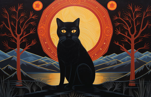 Black cat on stump, poignant style, wiccan 17:11