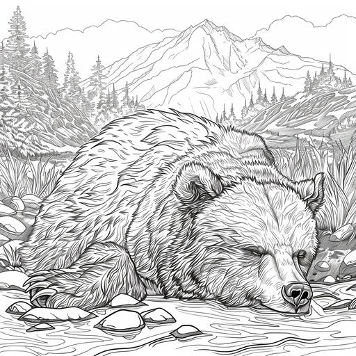 Brown bear resting by mountain stream