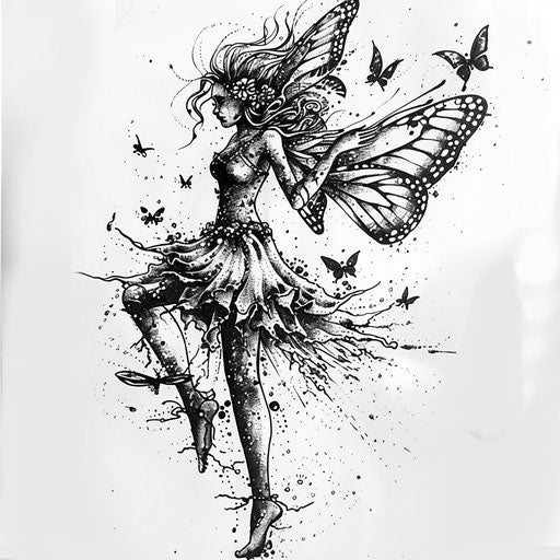 Fairy tattoo with butterfly wings on white canvas