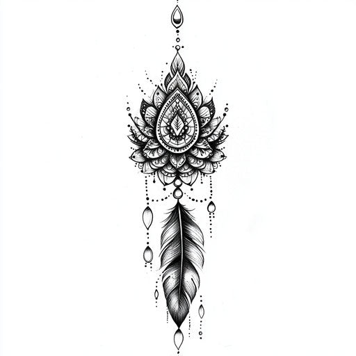 Female outer forearm tattoo design with mandala and feather