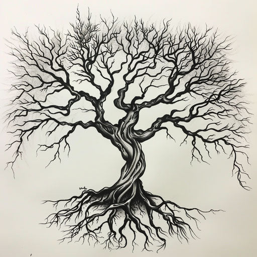 Detailed black ink tattoo design of an African tree of life with roots and branches sketched on a white canvas.