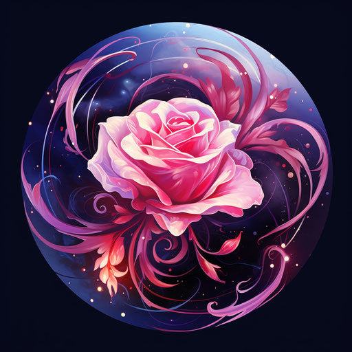 Pink rose with hearts and arrows in circle of dark sky-blue and light red