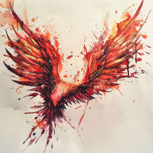 Abstract phoenix wings watercolor art with fiery colors on white
