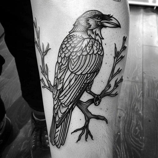 Silhouette tattoo of a raven, in the style of Adrian Smith