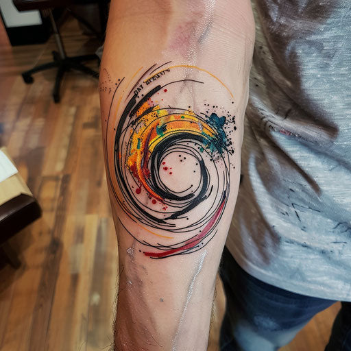 Dynamic flat tattoo sketch of an abstract circle with swirling lines and bold colors
