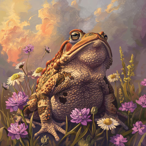 A toad among blooming wildflowers in the style of Aaron Blaise
