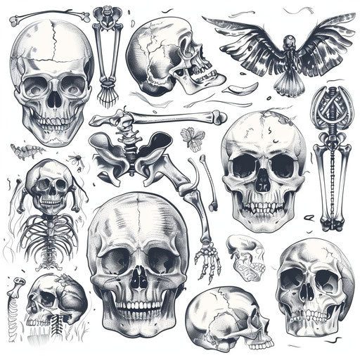 Macabre collection of skulls and bones, eerie tattoo art