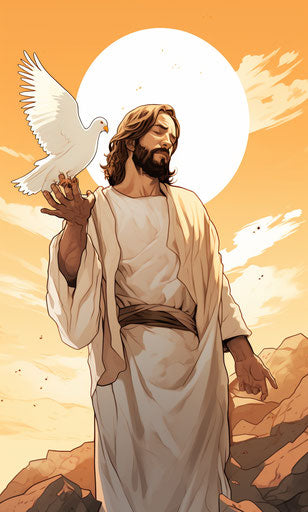 Jesus holding a dove with a dove in his hand, manga-inspired style