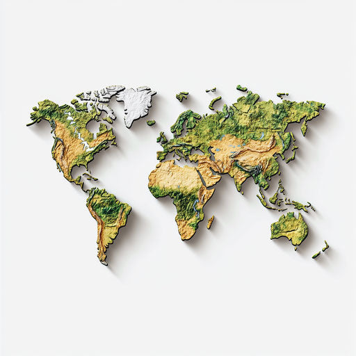 3D world map on flat white background, photo realistic style