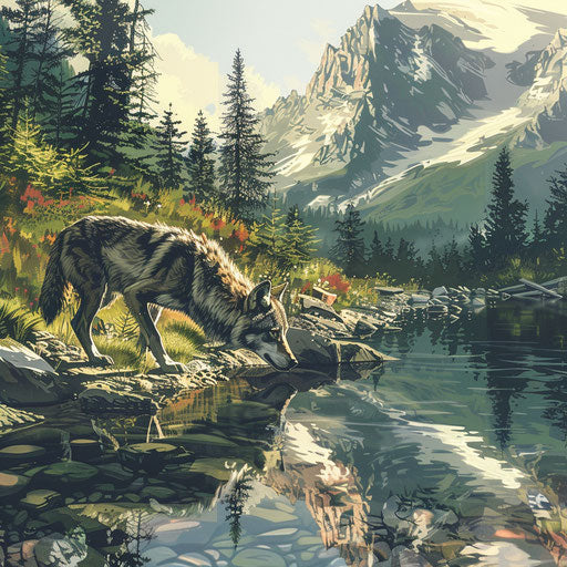 Wolf cautiously approaching crystal-clear mountain stream