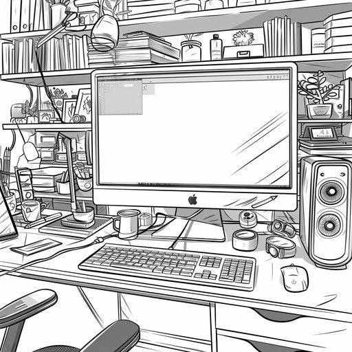 Computer setup with creative design software open. Coloring book page ...