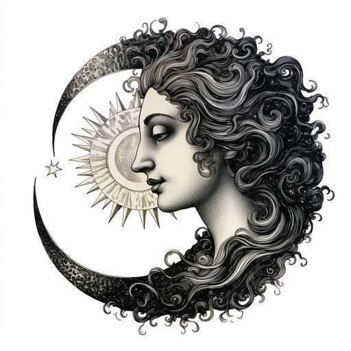 The moon and moon face side by side in an engraving