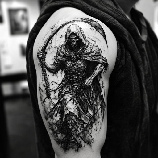 Men's upper arm tattoos with Grim Reaper