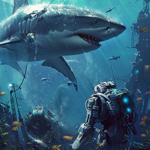 Sharks and robots underwater in a futuristic world