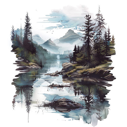 Serene river landscape tattoo in photorealistic style