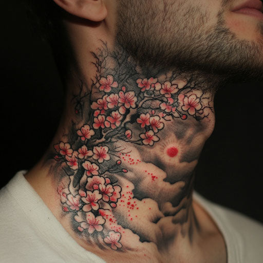 Japanese cherry blossom tattoo on neck with celestial backdrop