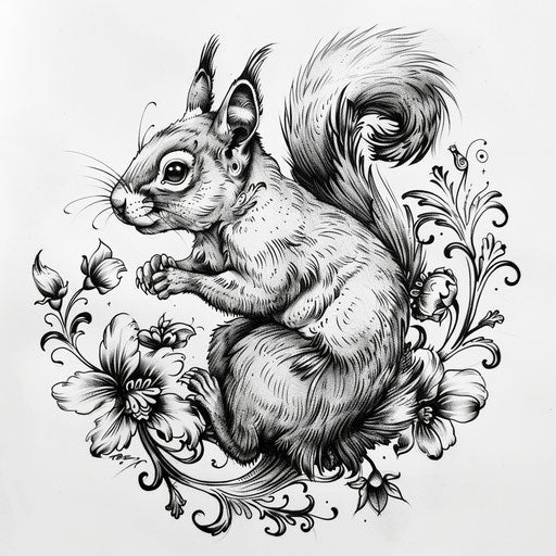 Elegant flat tattoo sketch of a squirrel on an ornate floral branch