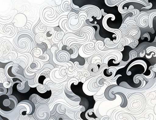 Black and white zigzag smoke spirals on white background