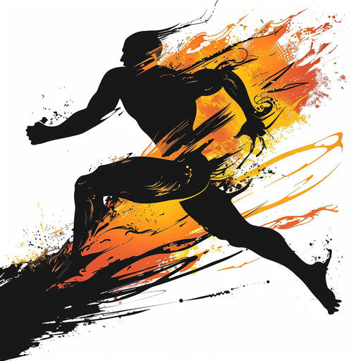 Dramatic tattoo sketch of a silhouette sprinting with a fiery trail, clipart style