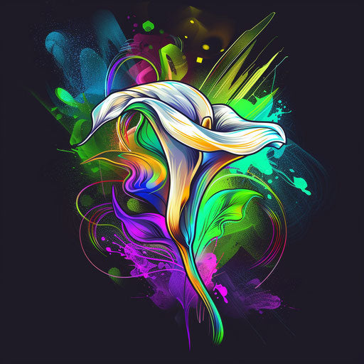 Sketch of calla lily tattoo with neon colors splash on dark background