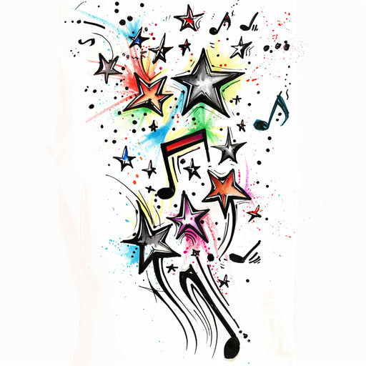 Festive tattoo sketch of musical notes and multicolor stars