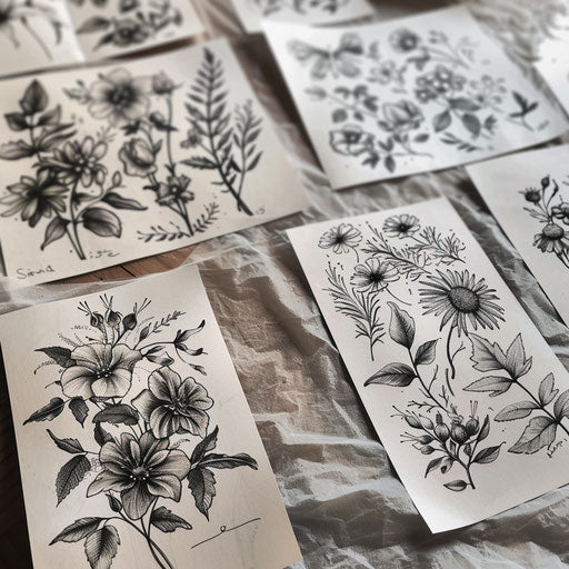 Collection of wildflower tattoos in black and grey