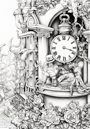 Christmas coloring book, clockpunk style, black ink drawings, lively tableaus, captivating 23:33