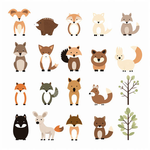 Forest animals in Minimalist style, on white background