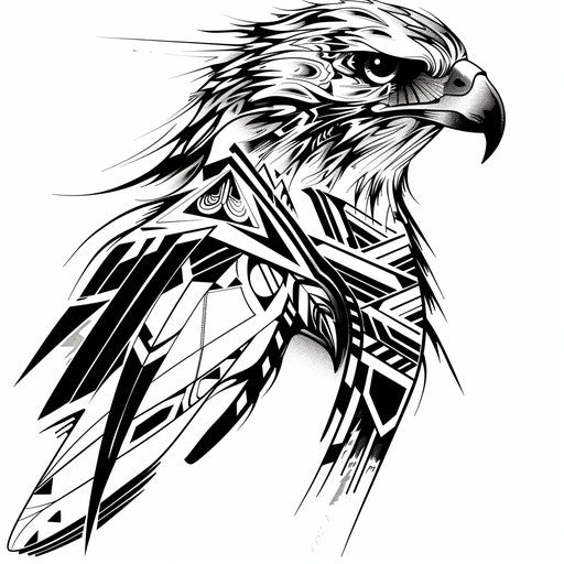 Digital drawing of a tribal hawk tattoo with bold black lines and geometric patterns, displayed on a clean white background.