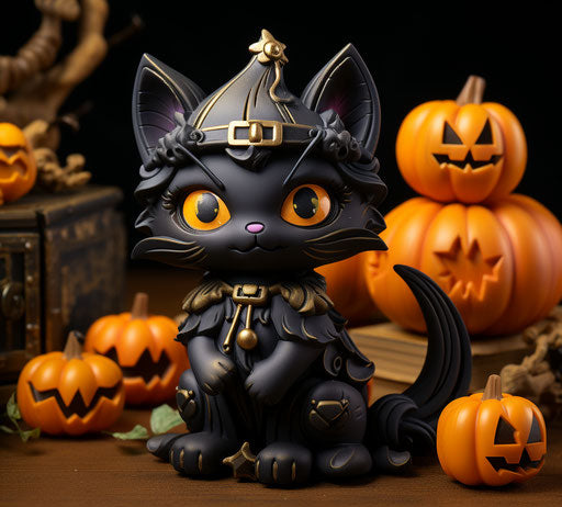 A black cat with pumpkins on its mouth