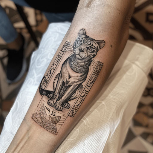 Ancient Egyptian style panther tattoo on a white papyrus scroll