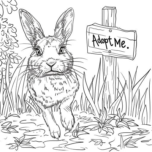 A playful rabbit in a meadow with a sign 'Adopt Me.' Coloring book page