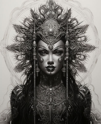 The woman is holding the spear, detailed and intricate pen and ink work